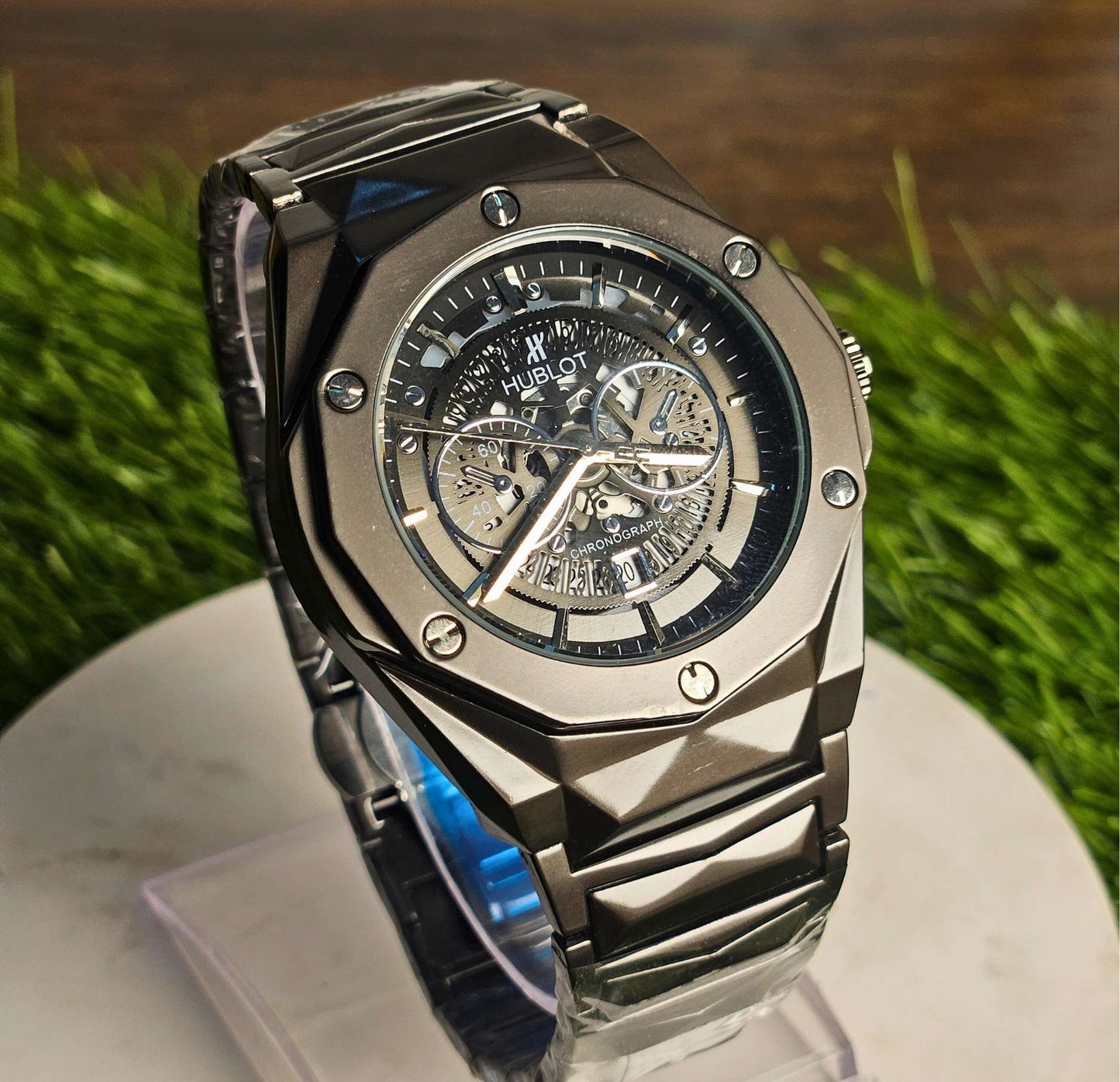 Orignal Silver Gray Hublot diamond cut black dial WATCH